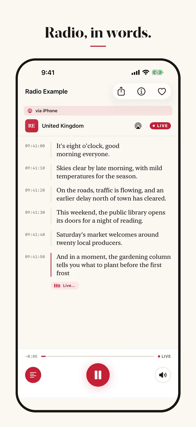 Radio Live Transcript app screenshot: Live transcript