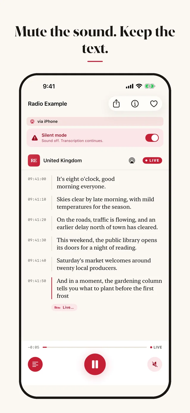 Radio Live Transcript app screenshot: Silent mode