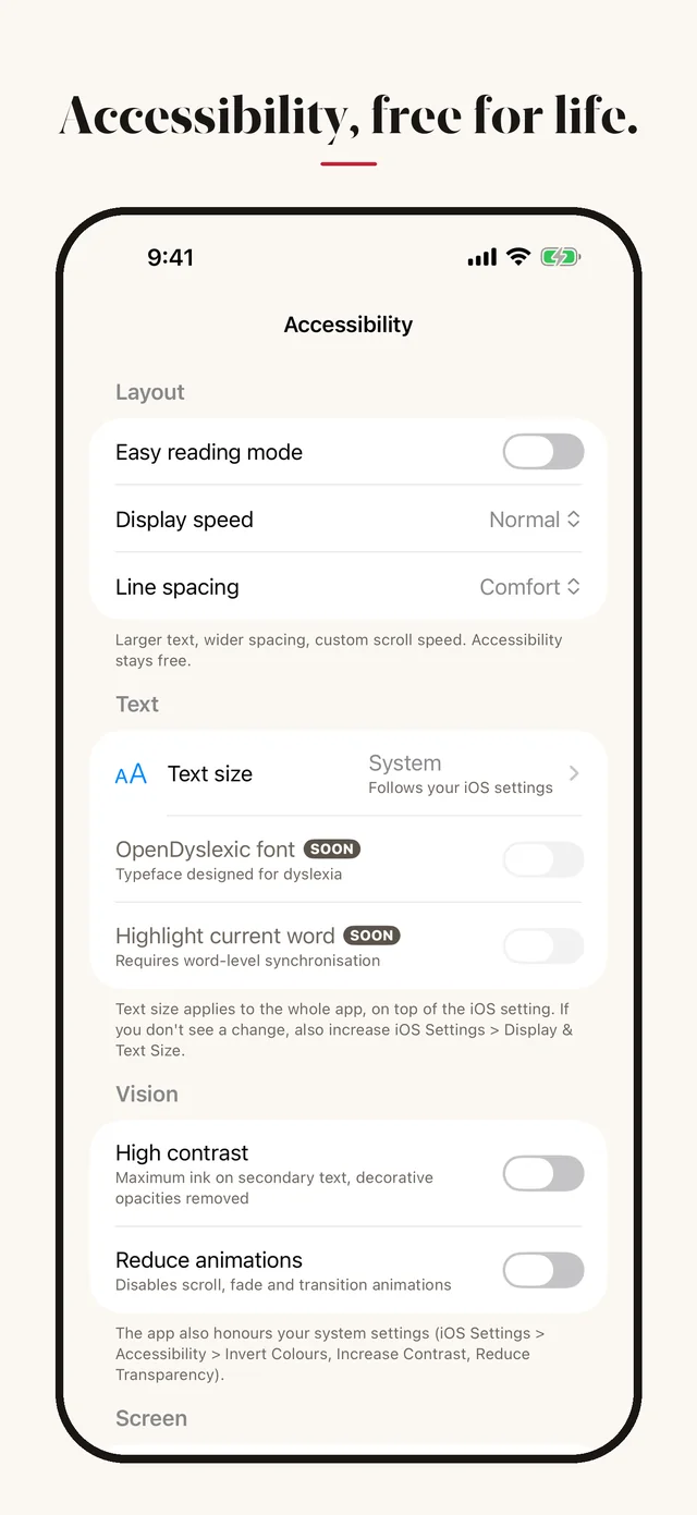 Radio Live Transcript app screenshot: Accessibility settings