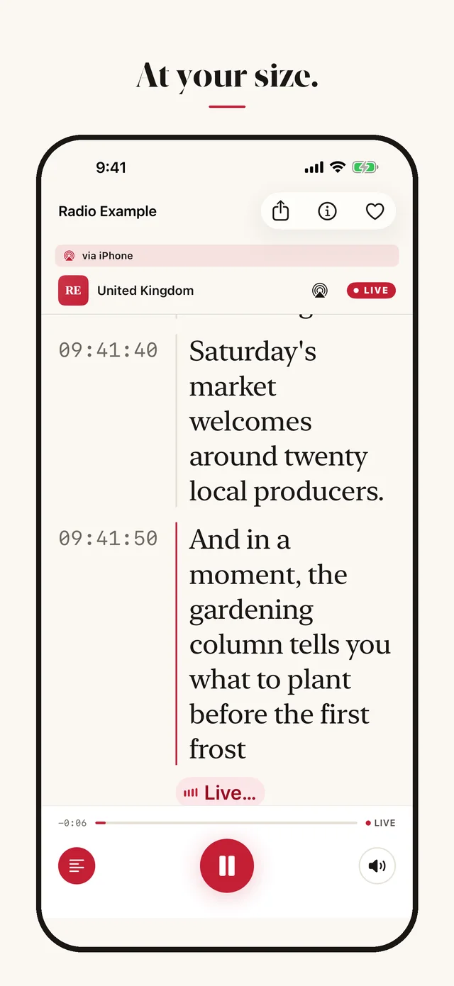 Radio Live Transcript app screenshot: Easy reading