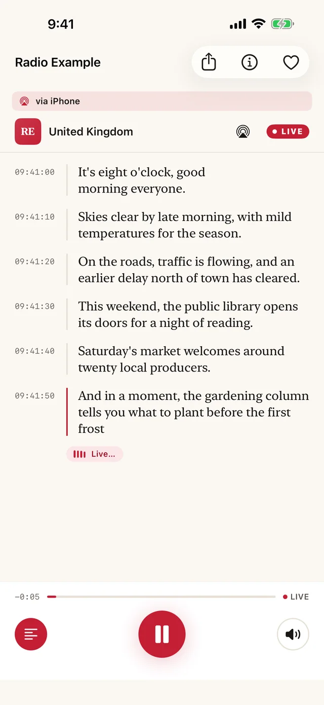 Radio Live Transcript on iPhone: a live radio transcript, sentence after sentence