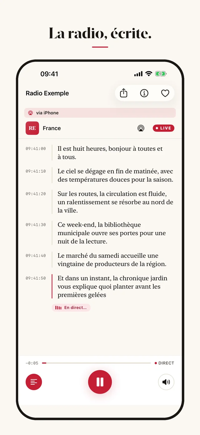 Capture de l'app Radio Live Transcript : Transcription en direct