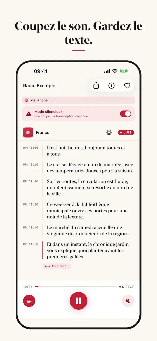 Capture de l'app Radio Live Transcript : Mode silencieux