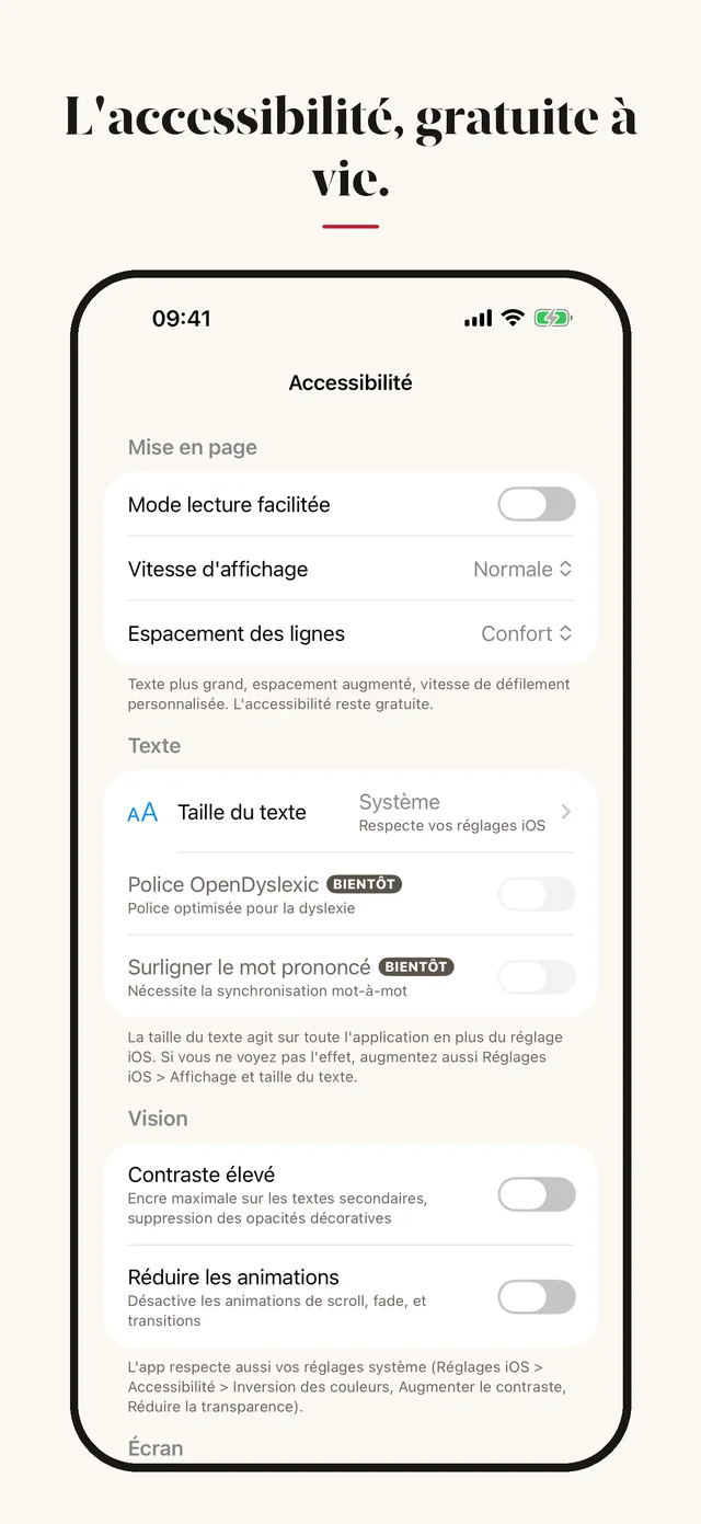 Capture de l'app Radio Live Transcript : Réglages accessibilité