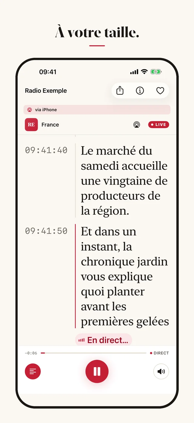 Capture de l'app Radio Live Transcript : Lecture facilitée