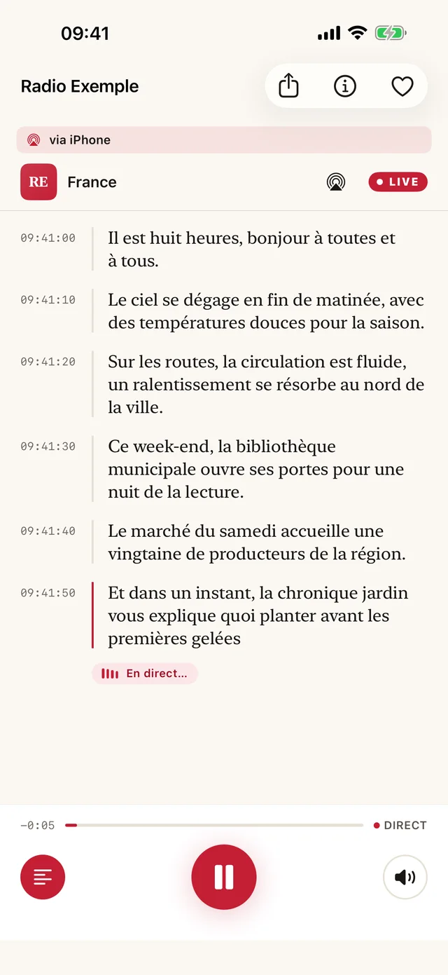 Radio Live Transcript sur iPhone : la transcription d'une radio en direct, phrase après phrase